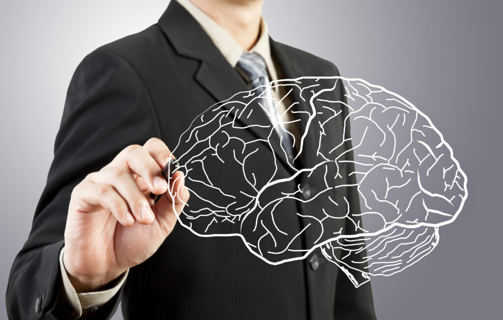 Business man drawing human brain diagram